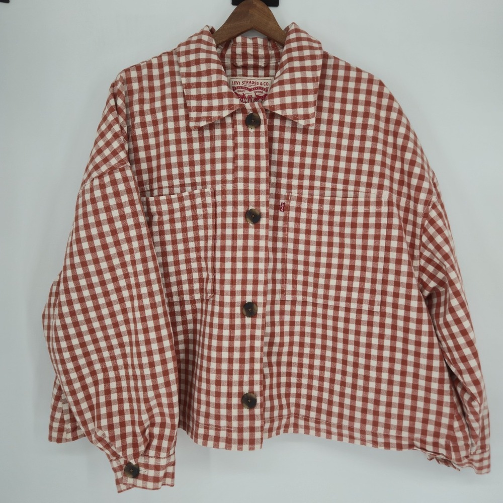 Levi's Cara Cotton Prep Jacket Women XXL Baked Clay Gingham Plaid Oversized Cott